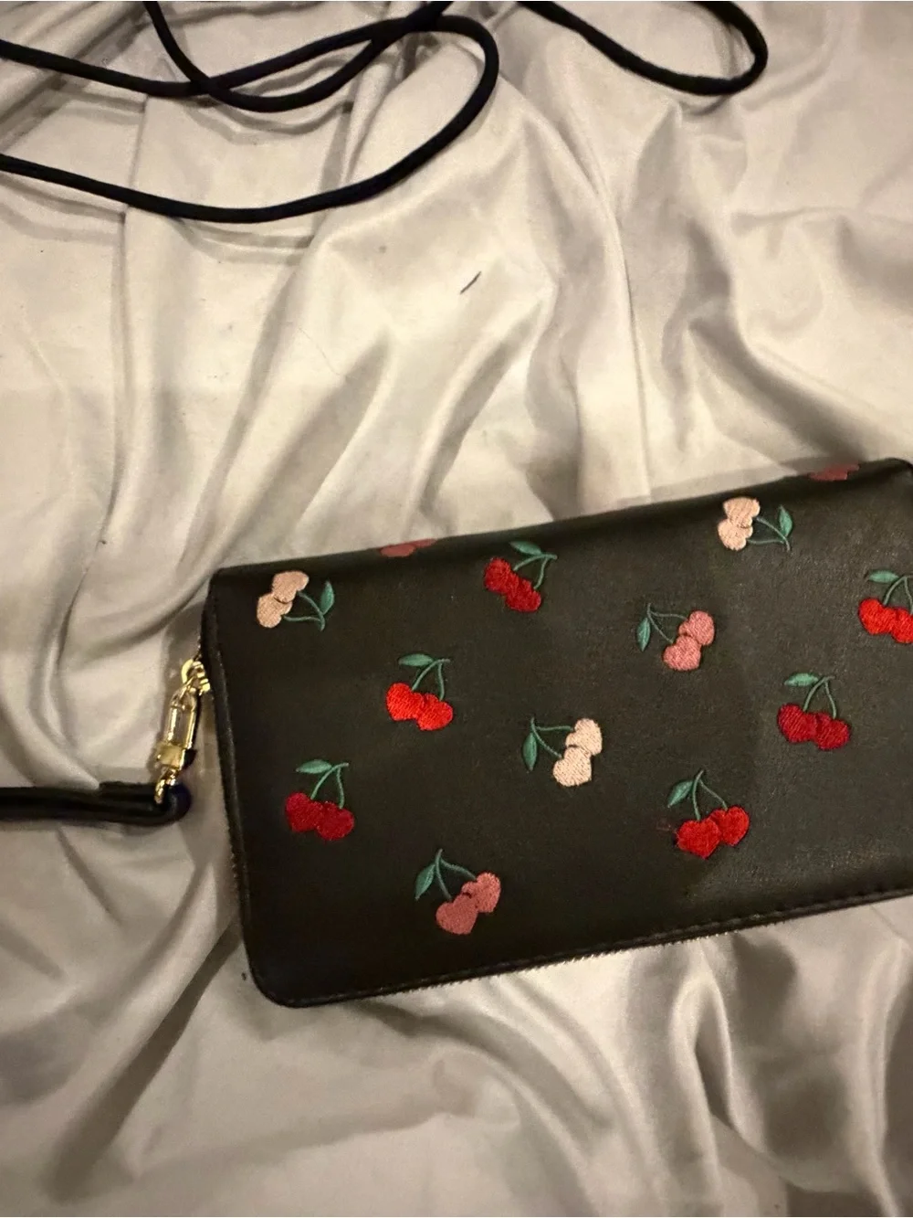 Embroidered Cherry Wristlet Clutch in Black